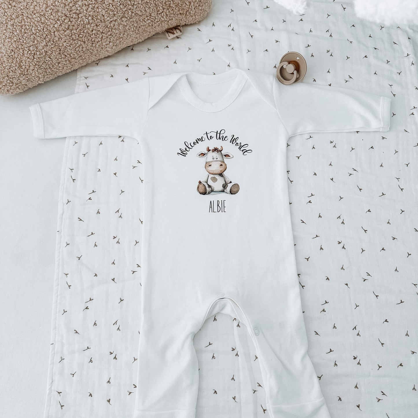 Welcome to the world Cute Cow Personalised White Rompersuit