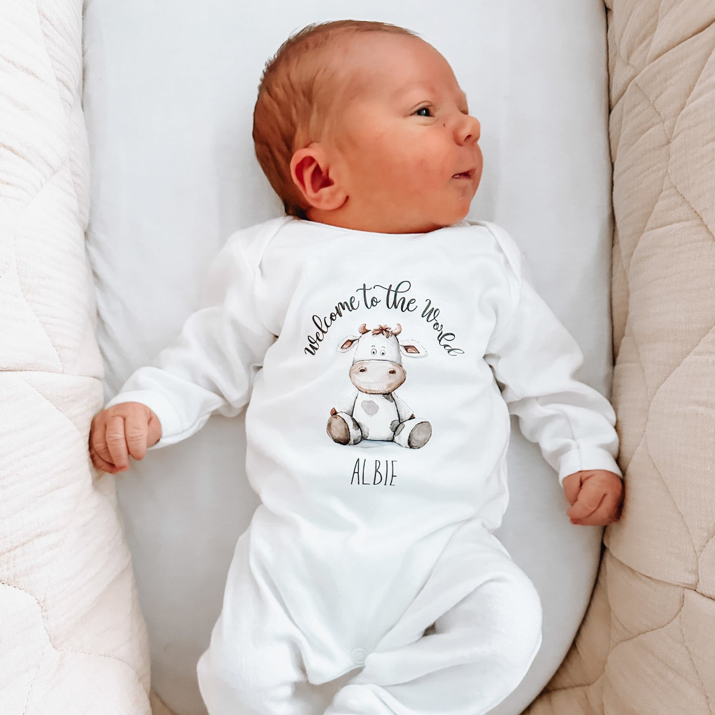 Welcome to the world Cute Cow Personalised White Rompersuit