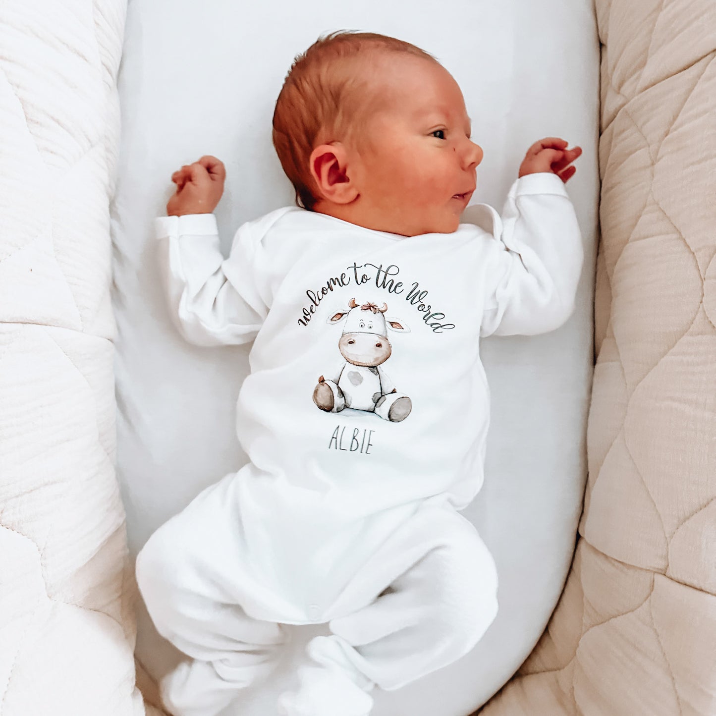 Welcome to the world Cute Cow Personalised White Rompersuit