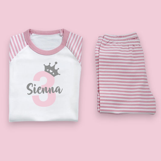 Birthday Name Princess Crown Personalised Pink Stripe Pj's