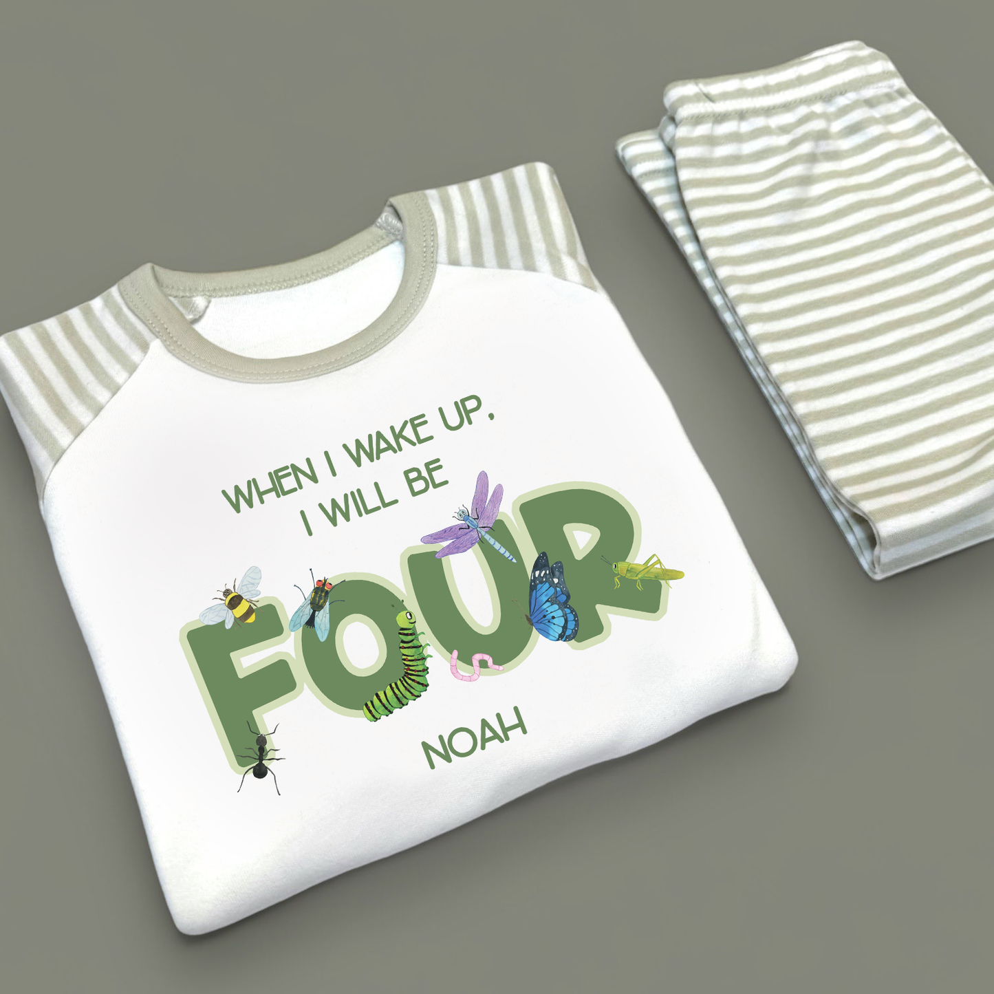 When I wake Bugs Personalised Birthday Sage Green Stripe Pj's