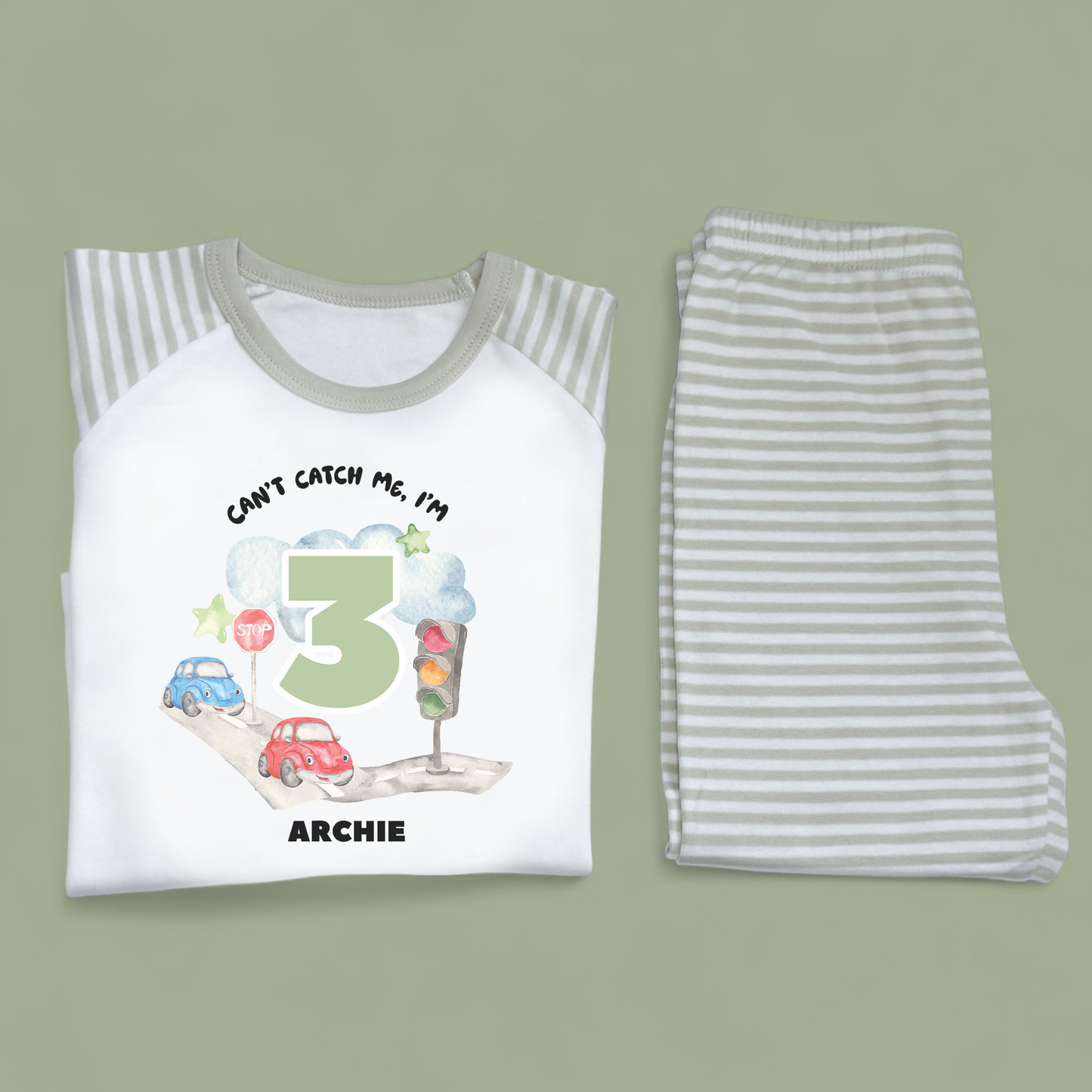 Can't Catch Me Cars Personalised Birthday Sage Green Stripe Pj's