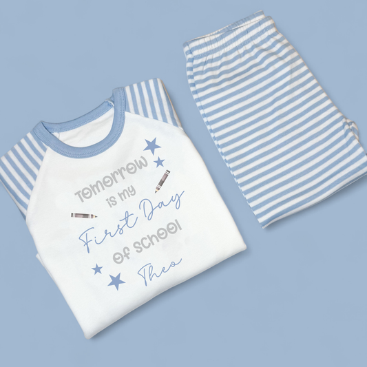 First Day of School Blue Stars Personalised Blue Stripe Pj's