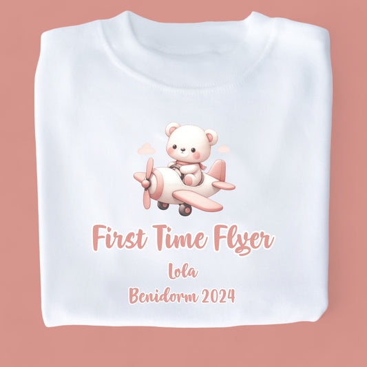 First Time Flyer Pink Bear Personalised White T-Shirt