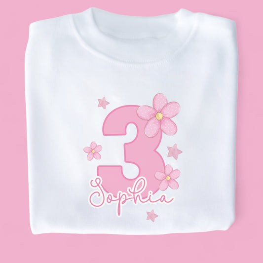 Flower Stars Birthday Personalised White T-Shirt