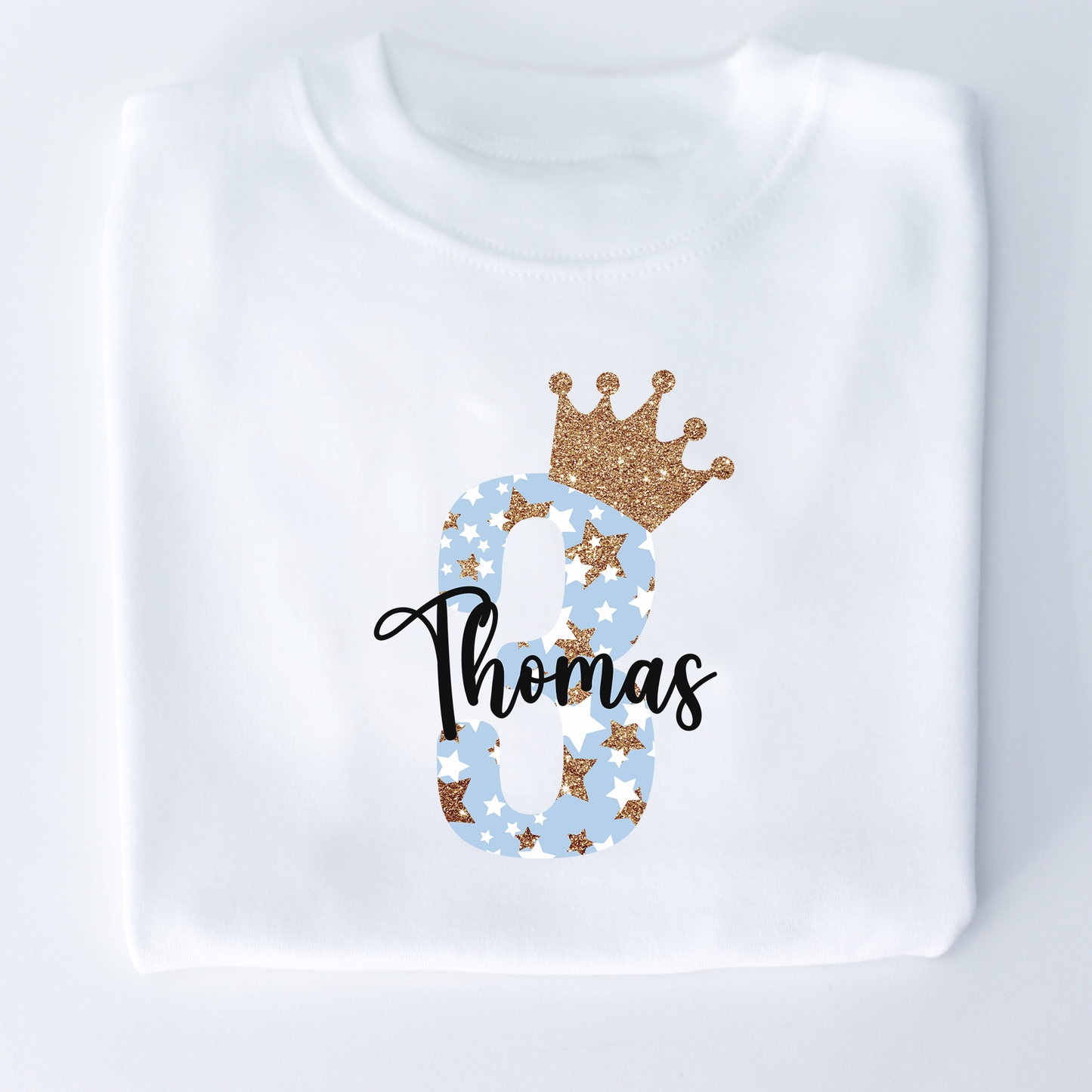 Blue Glitter Star Crown Birthday Personalised White T-Shirt