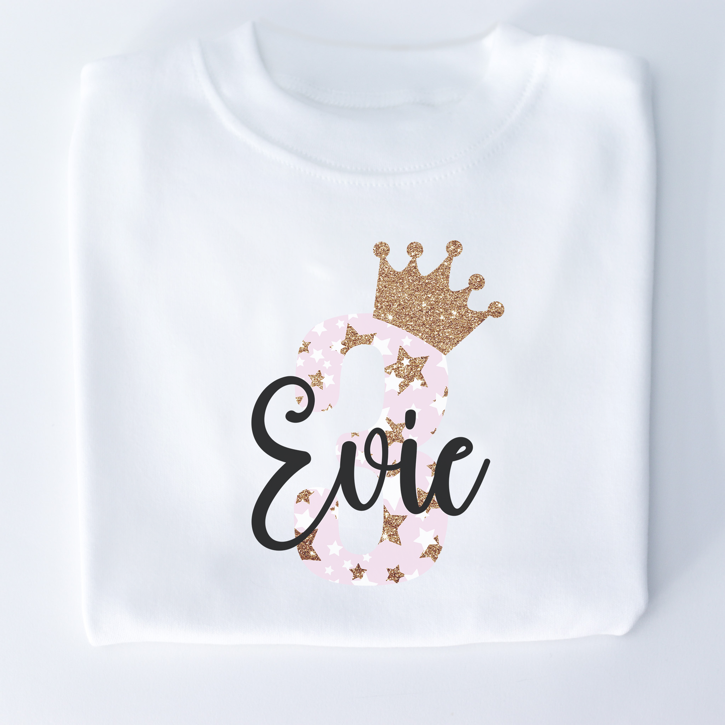 Pink Glitter Star Crown Birthday Personalised White T-Shirt