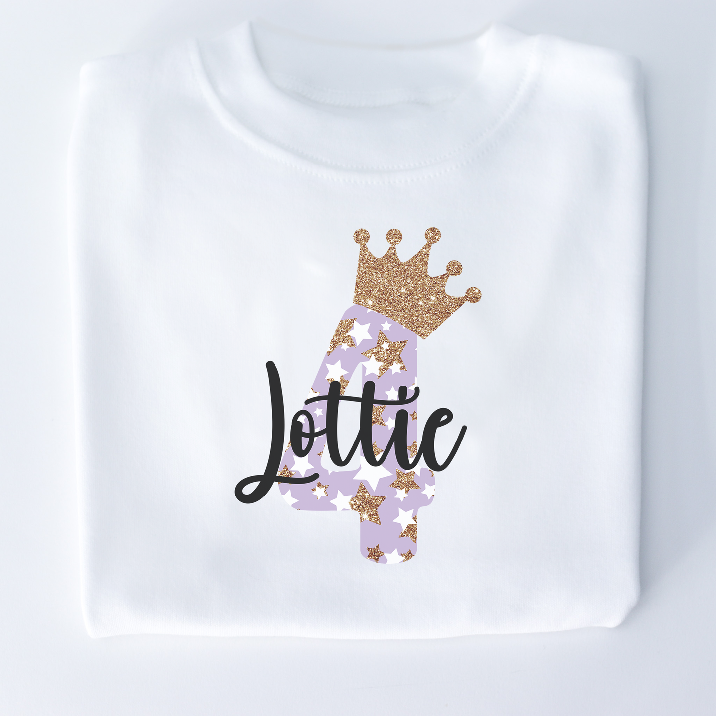 Lilac Glitter Star Crown Birthday Personalised White T-Shirt