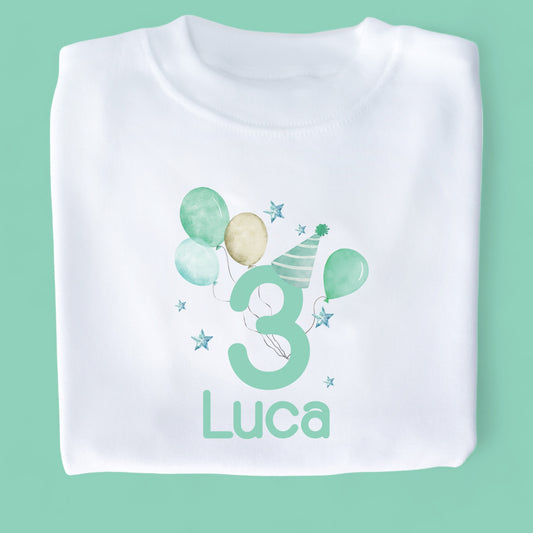 Green Birthday Balloons Personalised White T-Shirt