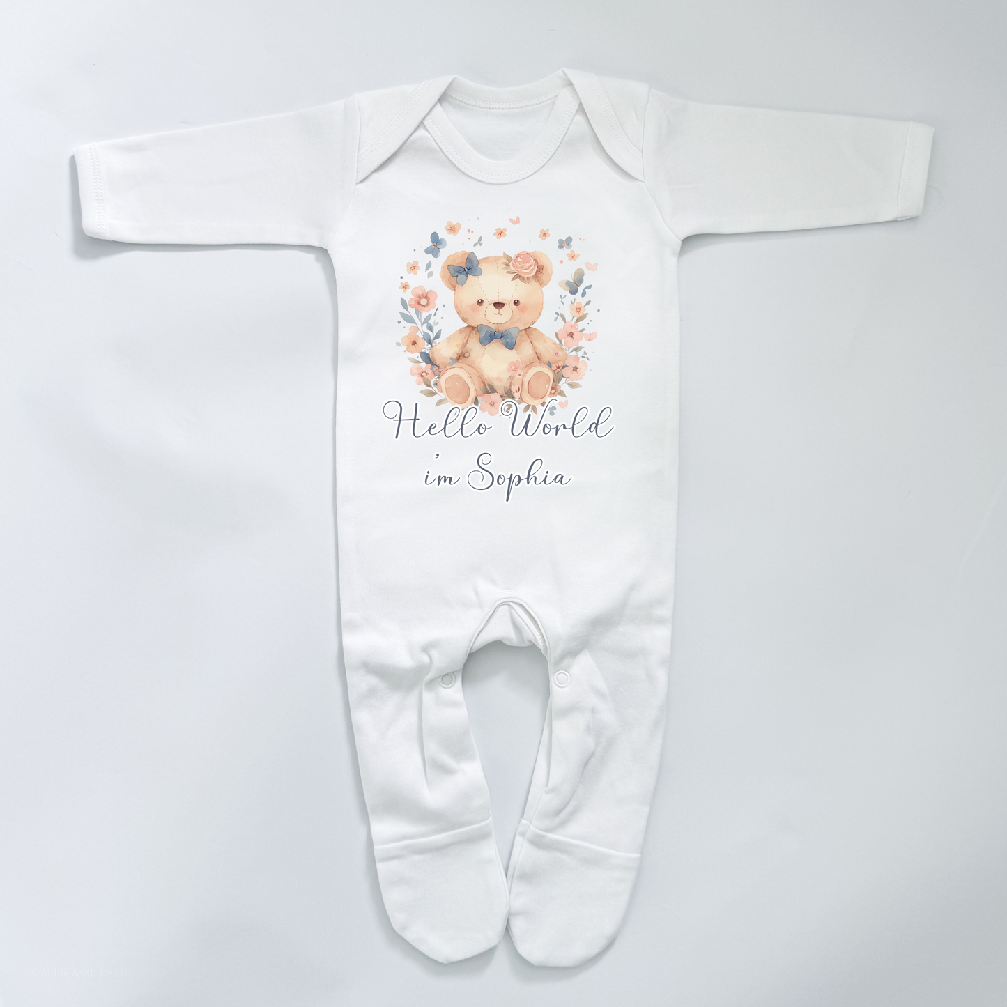 Hello World Flower Teddy Personalised White Rompersuit