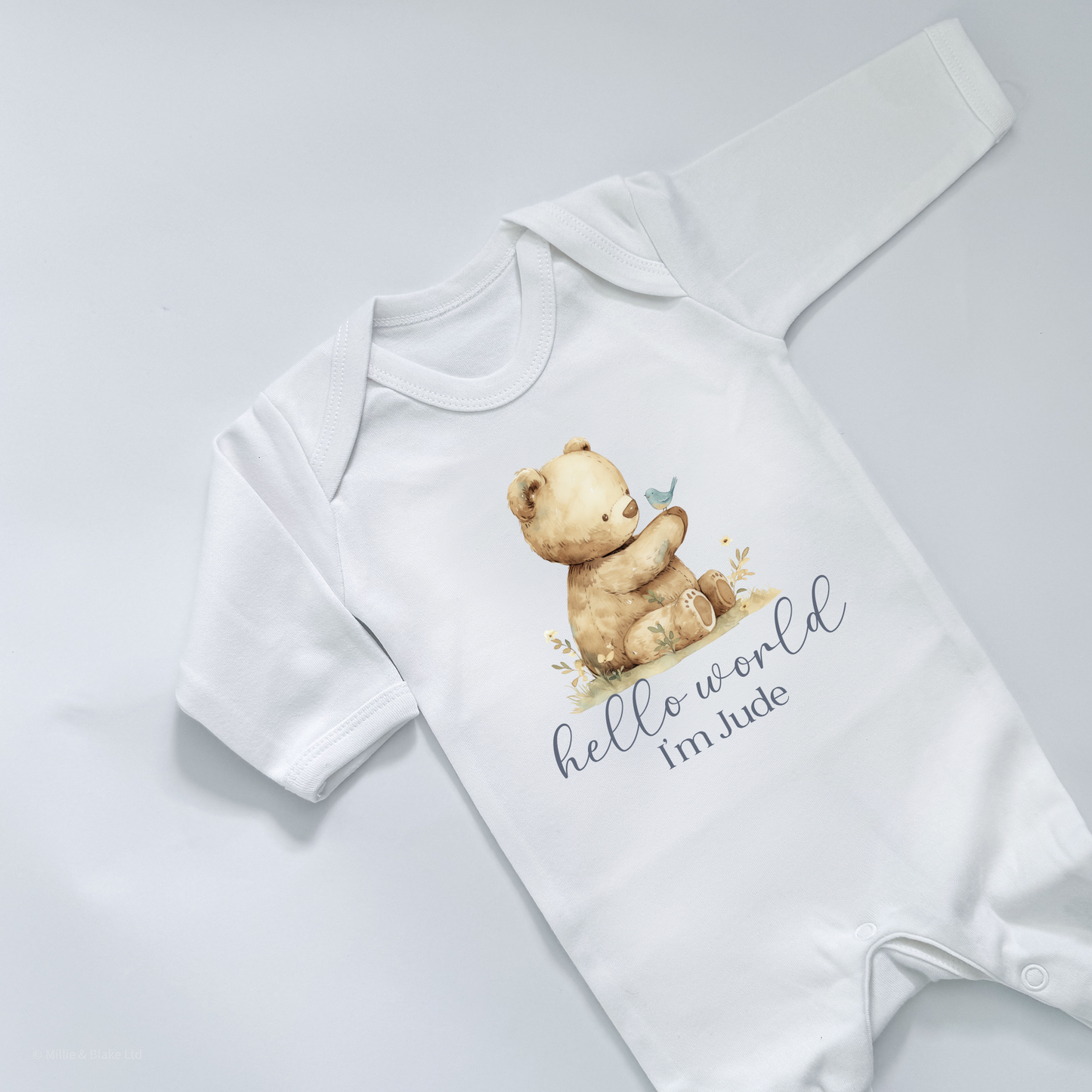 Hello World Teddy Bird Personalised White Rompersuit