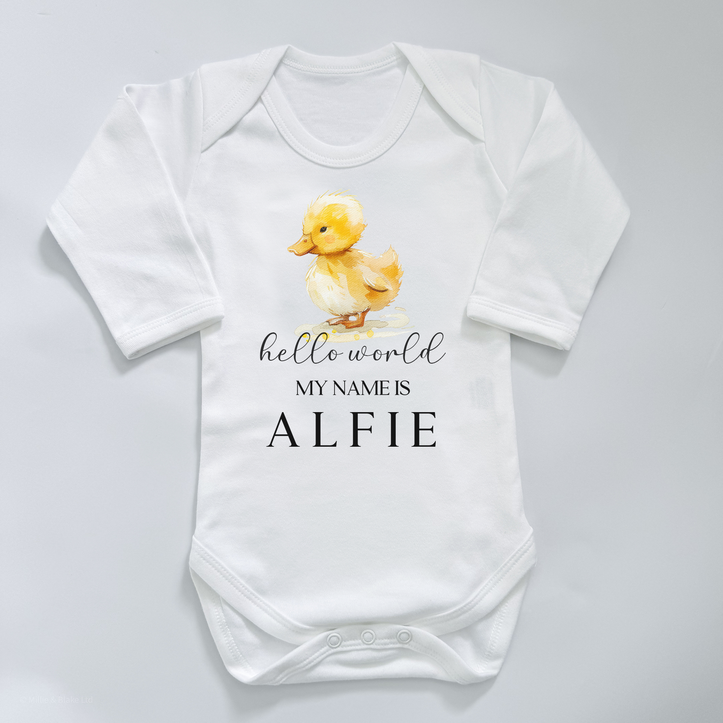 Duckling Hello World Personalised White Long Sleeve Bodysuit