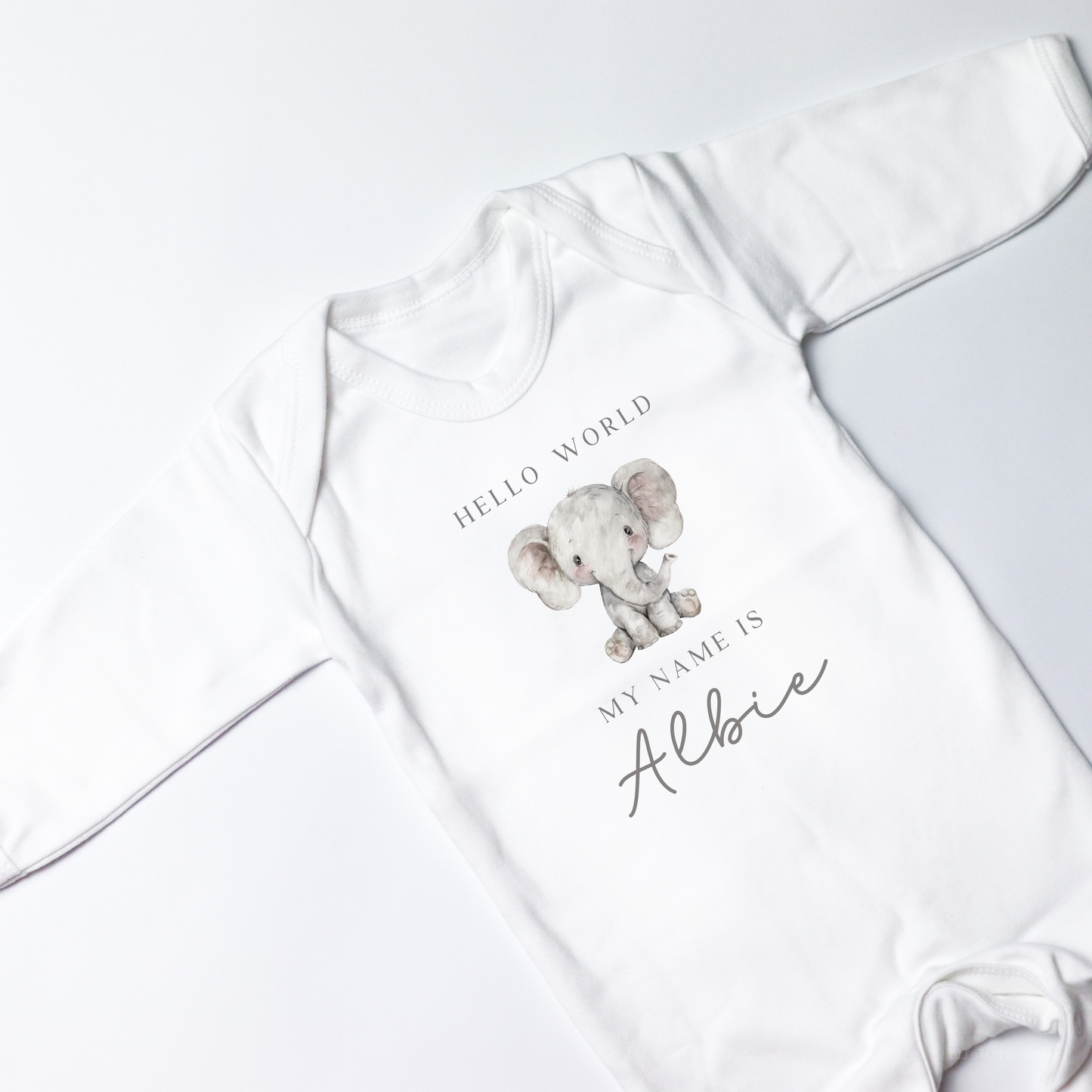 Hello World Grey Elephant Personalised White Rompersuit