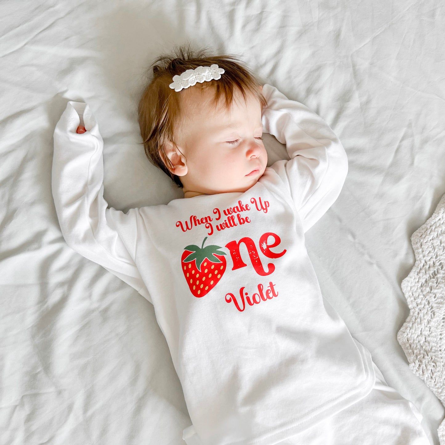 When I wake up strawberry ONE Birthday Personalised White Baby Pj's