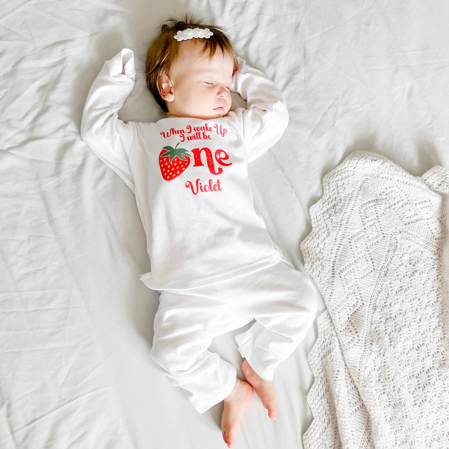 When I wake up strawberry ONE Birthday Personalised White Baby Pj's