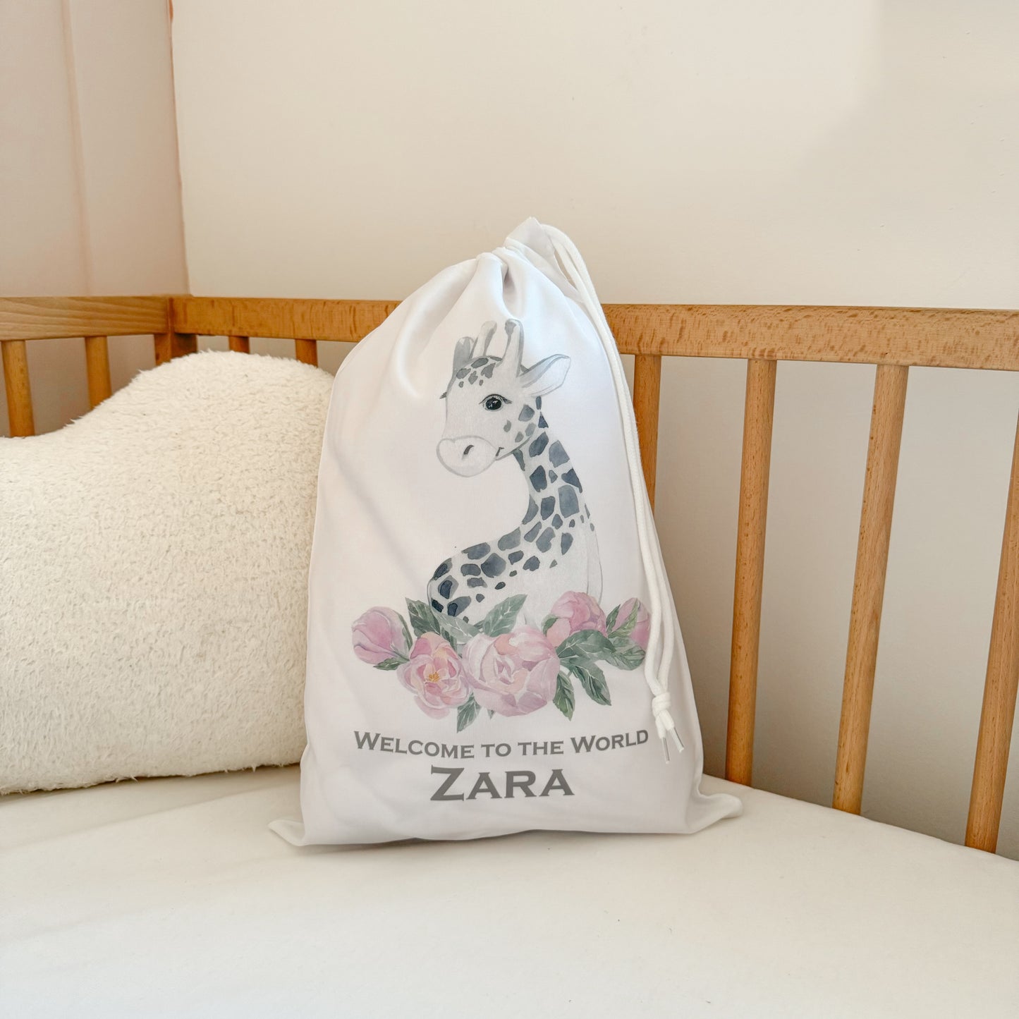 Welcome To The World Giraffe Personalised Sack