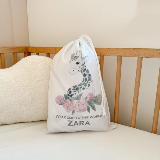 Welcome To The World Giraffe Personalised Sack