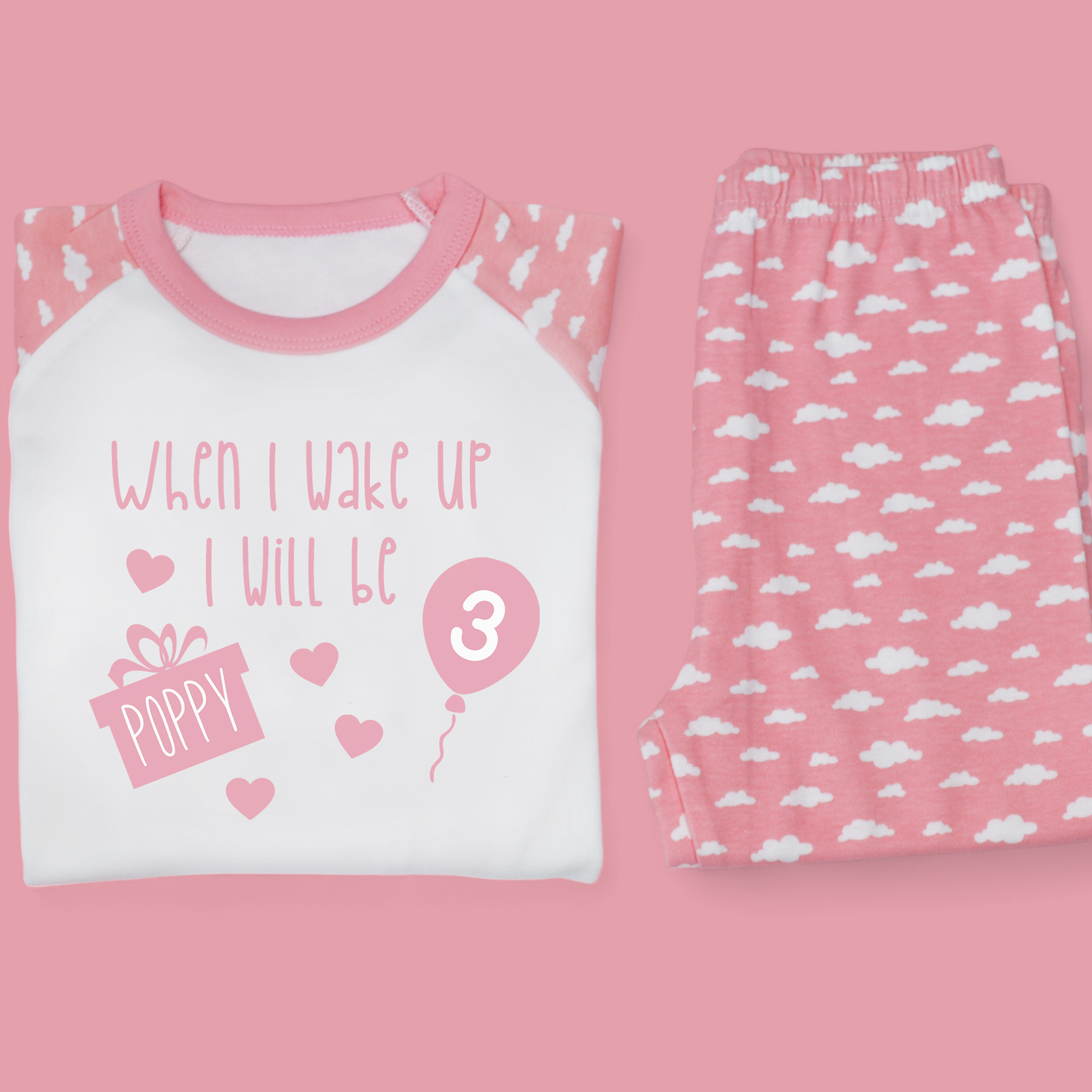 When I Wake Age Hearts Personalised Pink Cloud Pj's