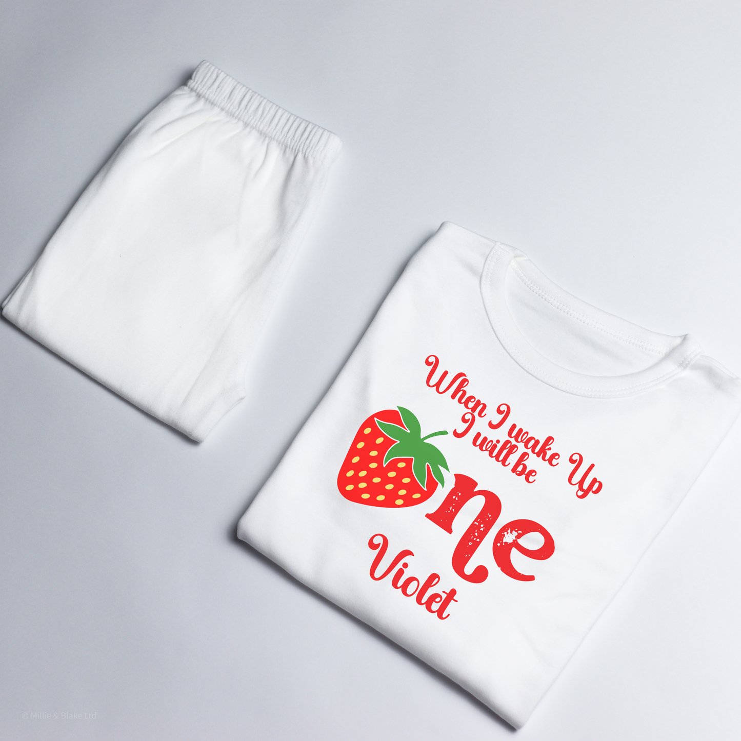 When I wake up strawberry ONE Birthday Personalised White Baby Pj's