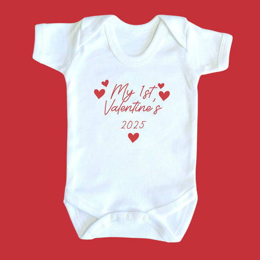 My 1st Valentine's Hearts Personalised White Bodysuit