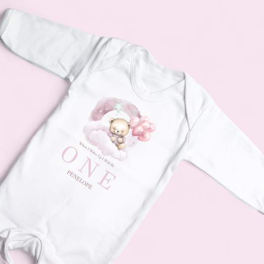 When I Wake Up Pink Sleepy Bear Birthday Personalised White Rompersuit