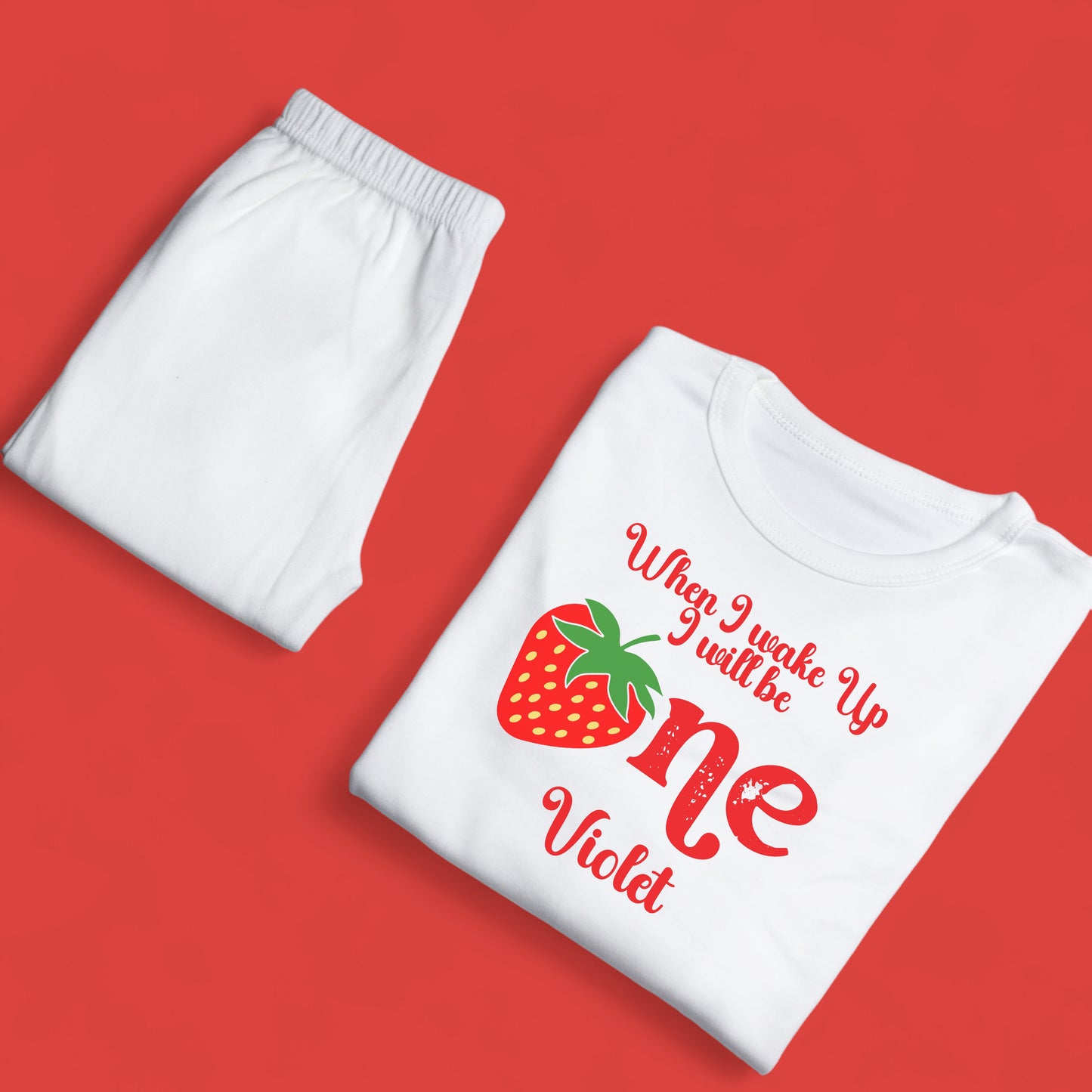 When I wake up strawberry ONE Birthday Personalised White Baby Pj's