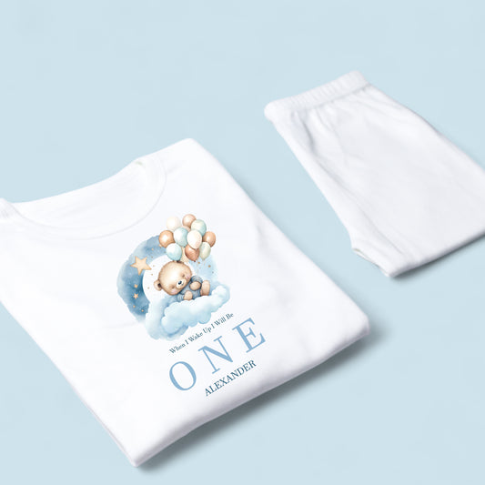 When I Wake Up Blue Sleepy Bear Birthday Personalised White Baby Pj's