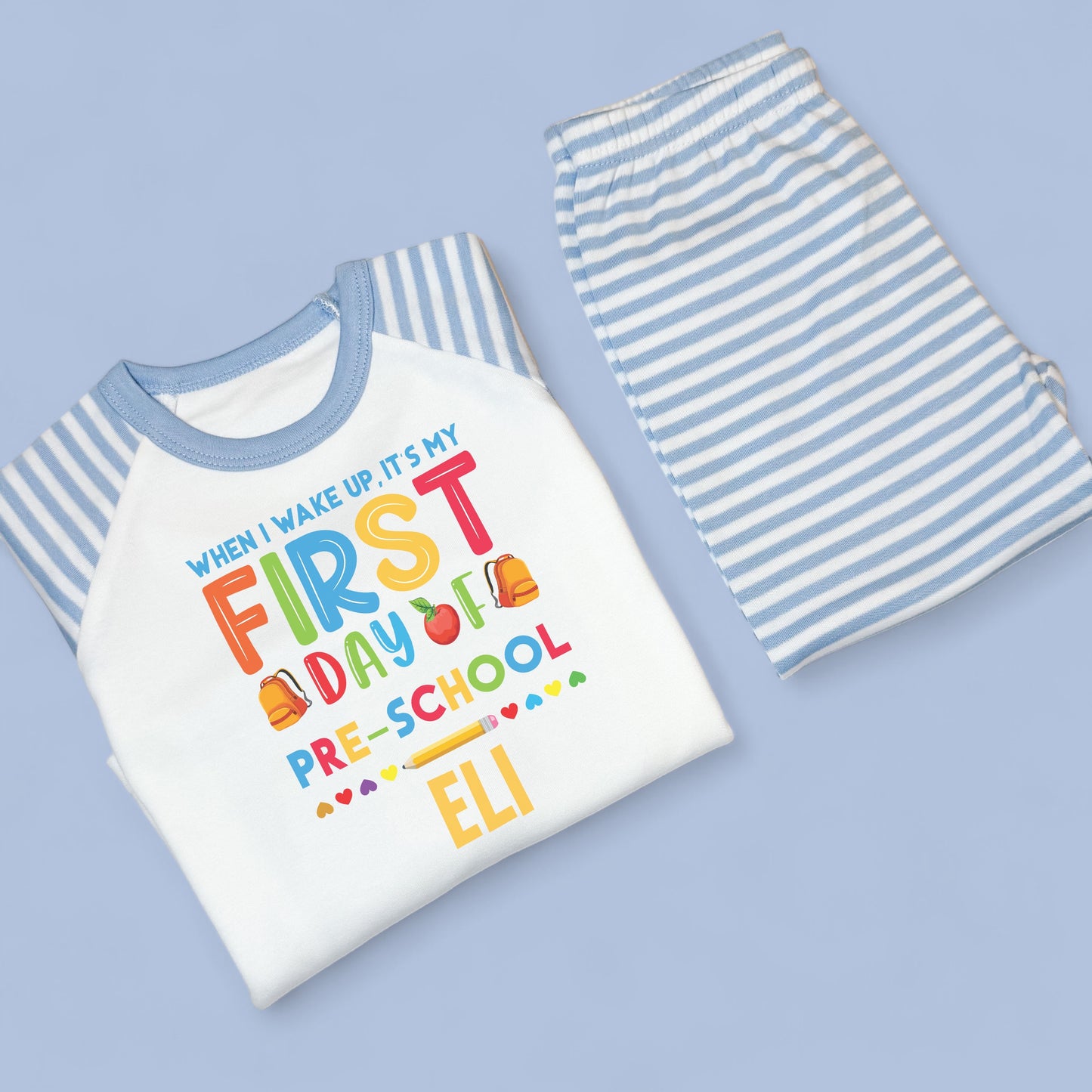 When I wake First Day of Pre-School Rainbow Personalised Blue Stripe Pj's