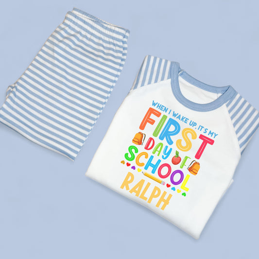 When I wake First Day of School Rainbow Personalised Blue Stripe Pj's