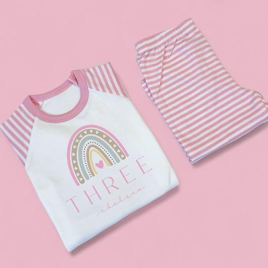 Rainbow Age Birthday Personalised Pink Stripe Pj's