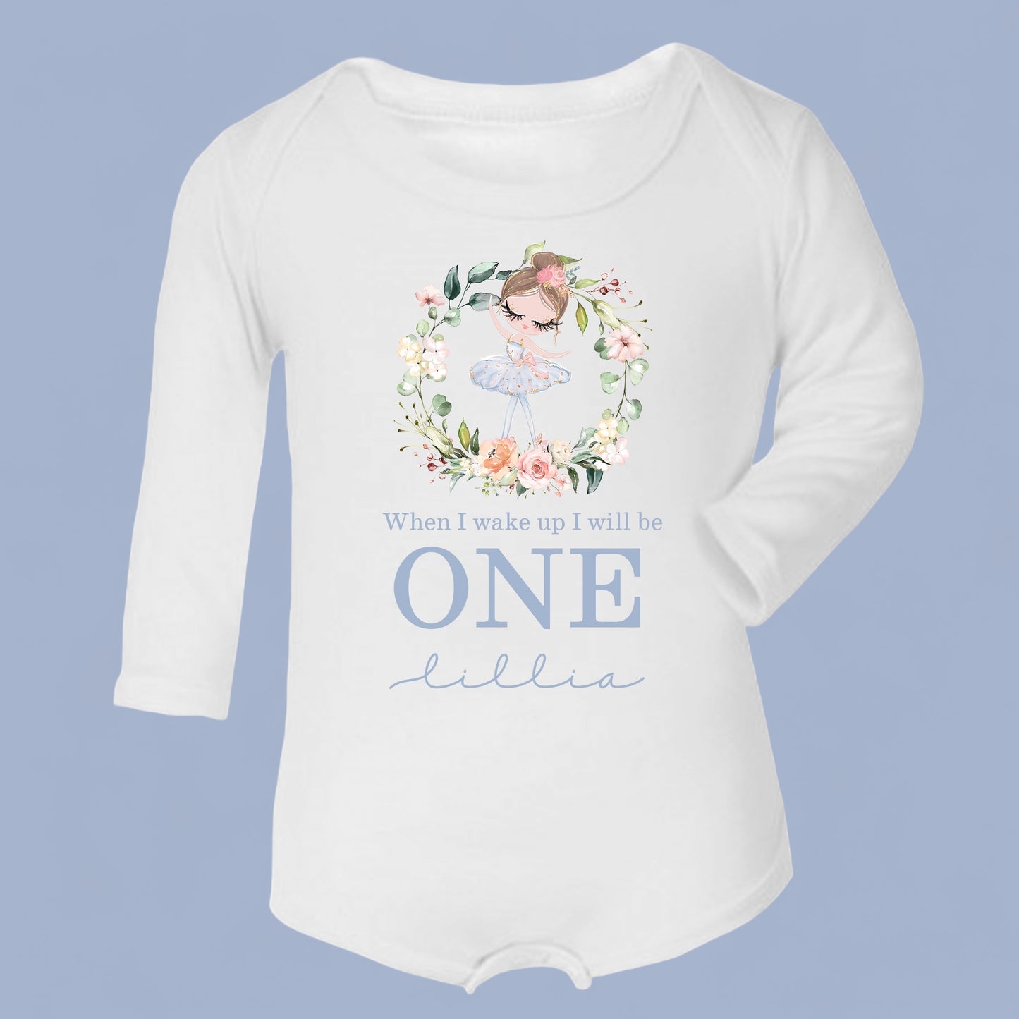 Ballerina When I Wake Birthday Wreath Personalised White Long Sleeve Bodysuit