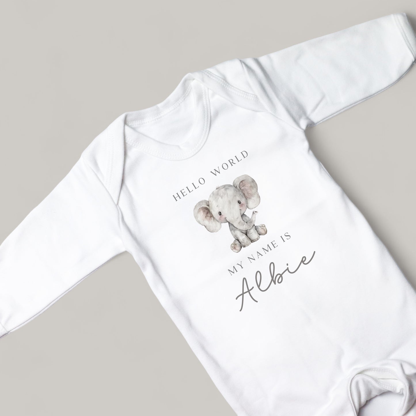 Hello World Grey Elephant Personalised White Rompersuit