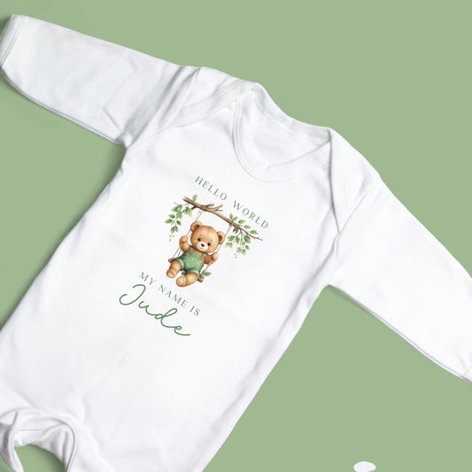 Hello World Teddy Swing Personalised White Rompersuit