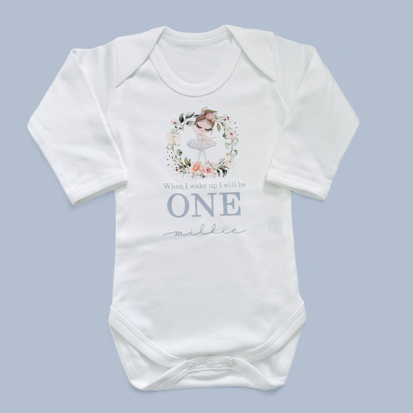 Ballerina When I Wake Birthday Wreath Personalised White Long Sleeve Bodysuit