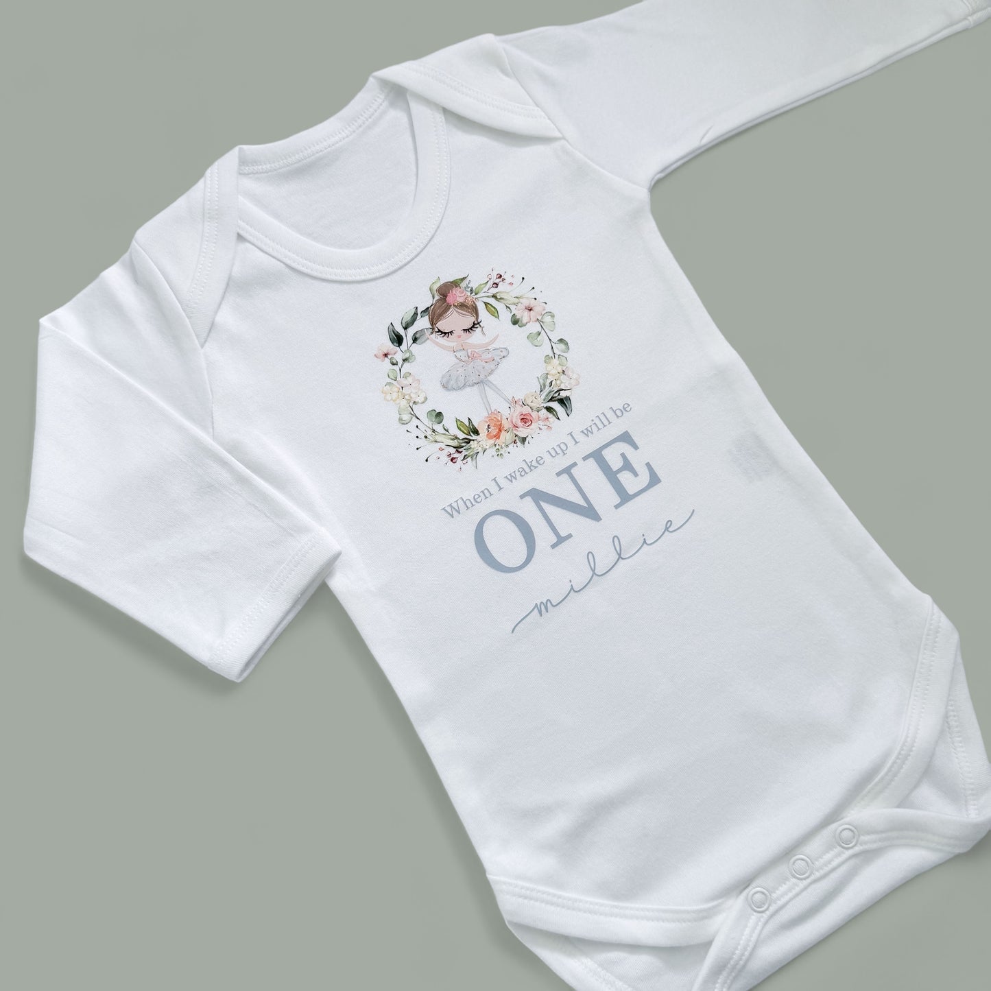 Ballerina When I Wake Birthday Wreath Personalised White Long Sleeve Bodysuit