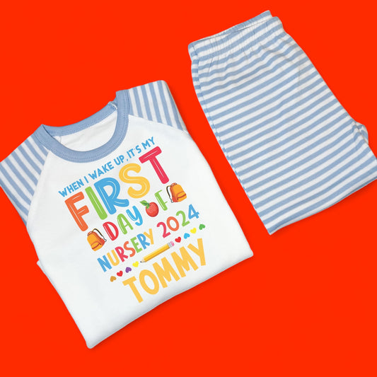 When I wake First Day of Nursery Rainbow Personalised Blue Stripe Pj's