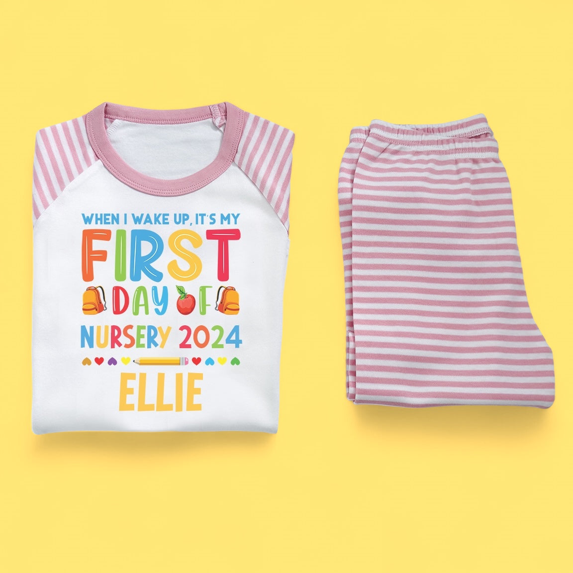 When I Wake Up First Day Of Nursery Rainbow Personalised Pink Stripe Pj's