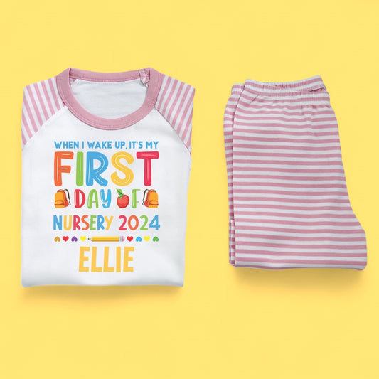 When I Wake Up First Day Of Nursery Rainbow Personalised Pink Stripe Pj's