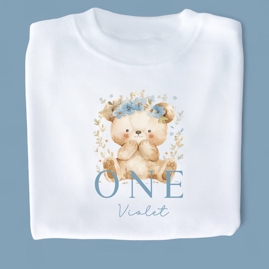 Flower Teddy Birthday Personalised White T-Shirt