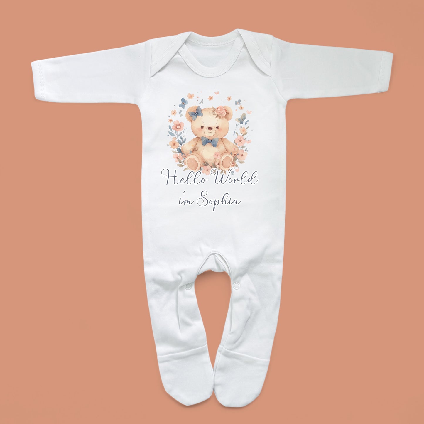 Hello World Flower Teddy Personalised White Rompersuit