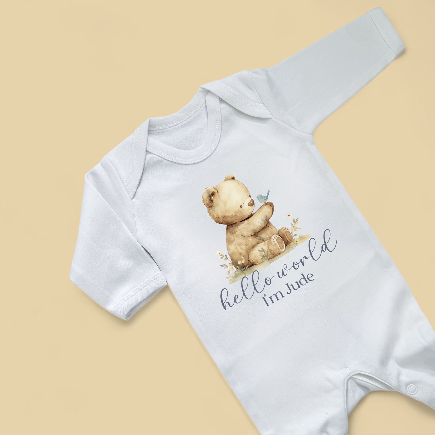 Hello World Teddy Bird Personalised White Rompersuit