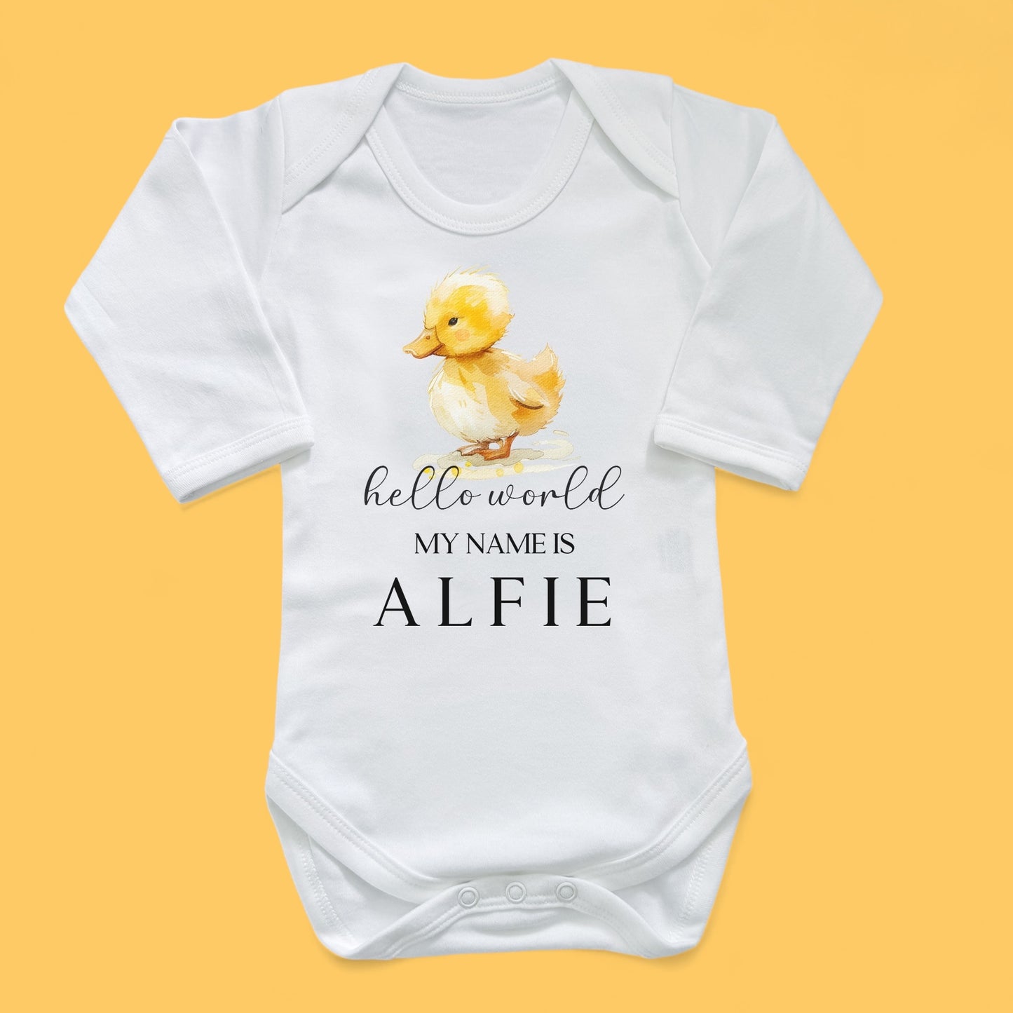 Duckling Hello World Personalised White Long Sleeve Bodysuit