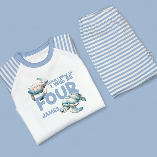 When I wake Turtle Birthday Personalised Blue Stripe Pj's