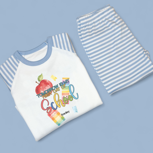 First Day of School Bright Personalised Blue Stripe Pj's