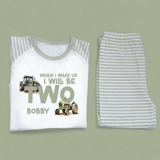 When I Wake Tractor Birthday Personalised Sage Green Stripe Pj's