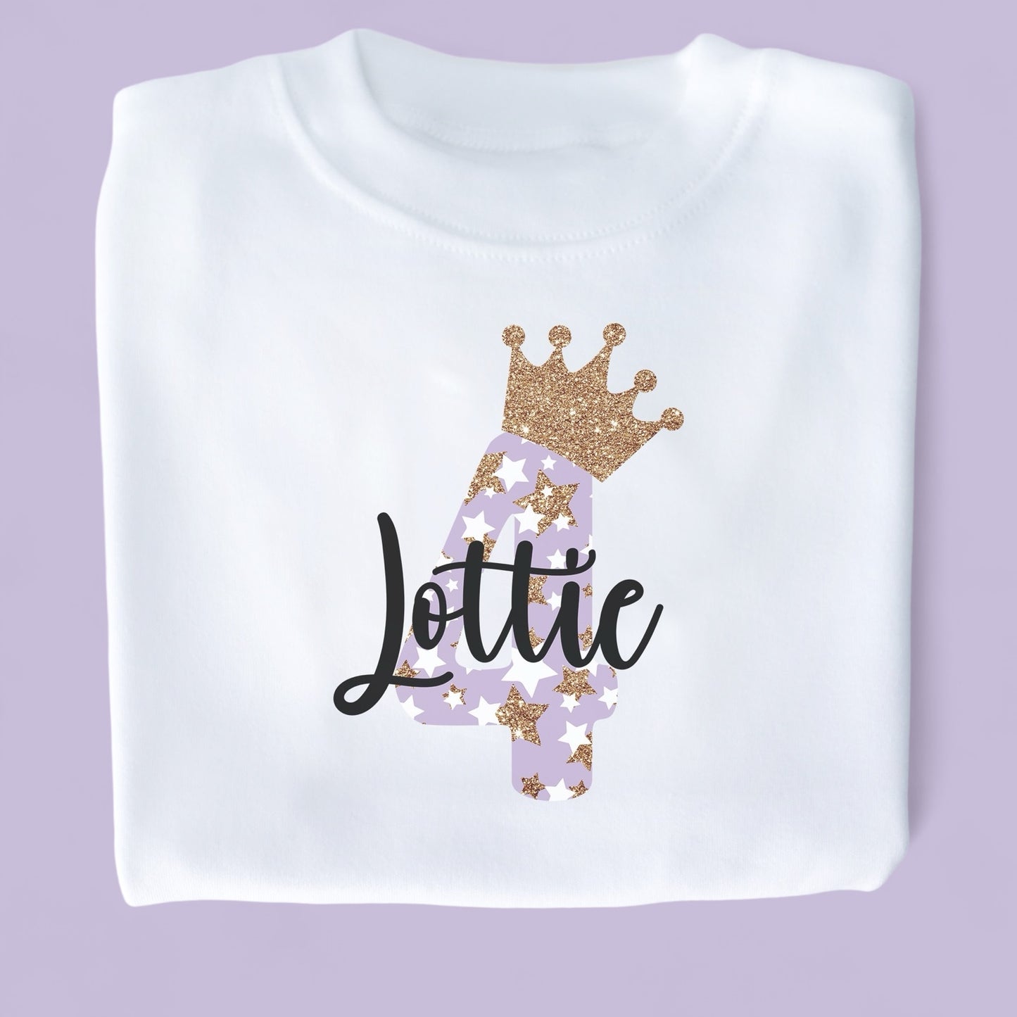 Lilac Glitter Star Crown Birthday Personalised White T-Shirt