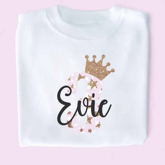 Pink Glitter Star Crown Birthday Personalised White T-Shirt