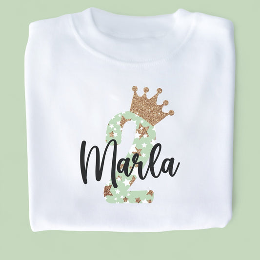 Green Glitter Star Crown Birthday Personalised White T-Shirt