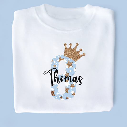 Blue Glitter Star Crown Birthday Personalised White T-Shirt