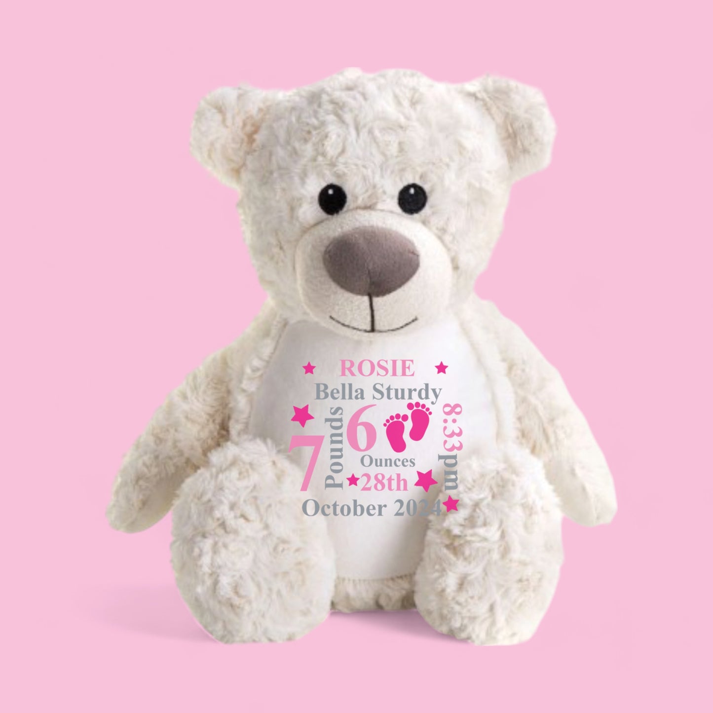 Pink Birth Details Personalised Cream Tummi Bear